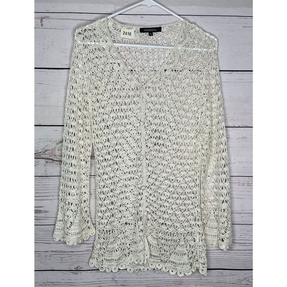 VANDANA Crochet Lace Cardigan‎ Womens Large Scalloped Hem Long Sleeve Open Knit